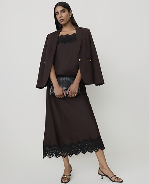 Ann Taylor Petite Lace Trim Midi Slip Skirt Satin French Mocha Women's