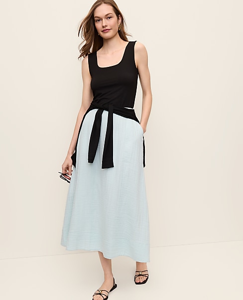 Petite Cotton Gauze Drawstring Midi Skirt