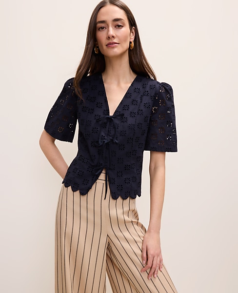 Petite Eyelet Tie Front Blouse