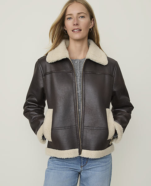 Petite Weekend Shearling Trim Moto Jacket in Faux Leather