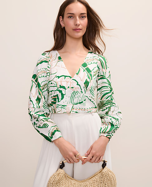 Palm Print Embroidered V-Neck Blouse in Linen Blend