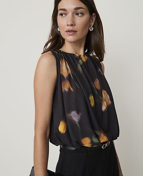 Ann Taylor Floral Gathered Bubble Hem Top Black - Yellow Women's