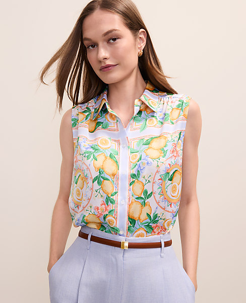 Petite Lemon Print Sleeveless Collar Shirt