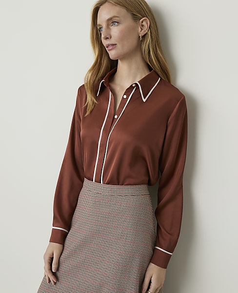 Ann Taylor Petite Contrast Trim Button Down Shirt Amber Noir Women's