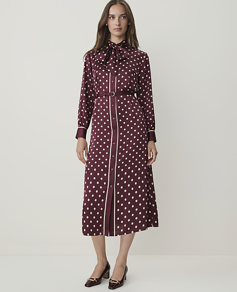 Petite Polka Dot Tie Neck Midi Dress