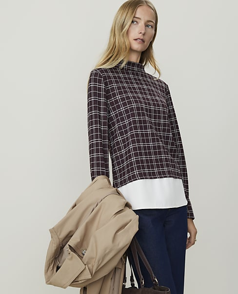 Petite Plaid Layered Mock Neck Top