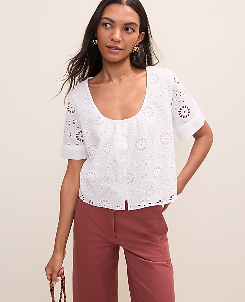 Petite Weekend Eyelet Scoop Neck Blouse