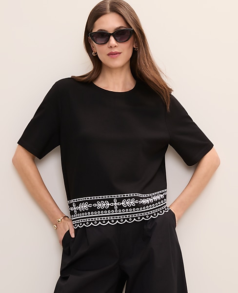 Petite Embroidered Crew Neck Top