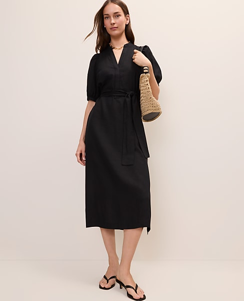Petite Puff Sleeve Midi Dress in Linen Blend