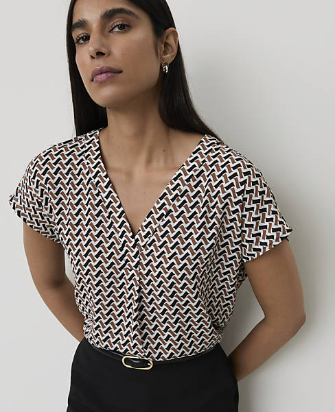 Geo Print Mixed Media Pleat Front Top