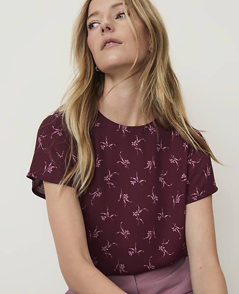 Ann Taylor Floral Mixed Media Crew Neck T-Shirt Purest Plum Women's