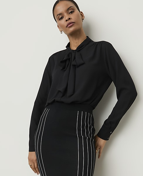 Ann Taylor Petite Bow Blouse Black Women's