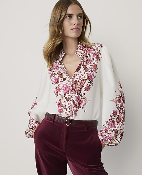Floral Shirred Mock Neck Blouse