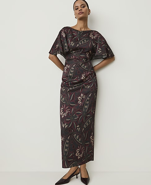 Petite Paisley Boatneck Column Midi Dress