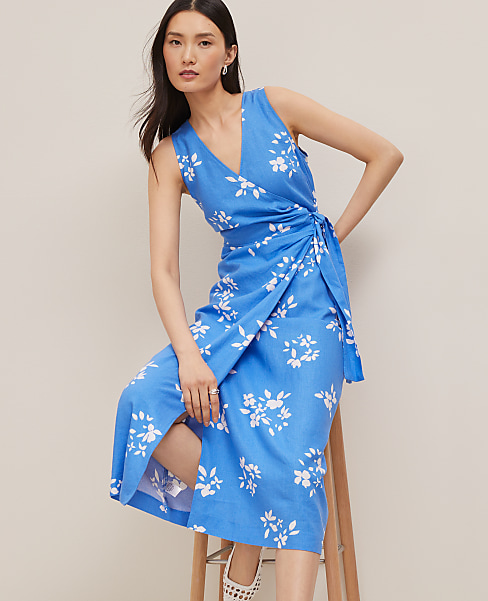 Petite Floral Linen Blend V-Neck Wrap Dress