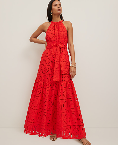 Petite Eyelet Halter Flare Maxi Dress