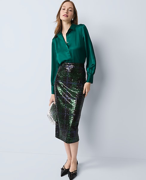 Sequin Plaid Column Midi Skirt
