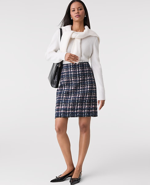 Plaid Tweed A-Line Skirt
