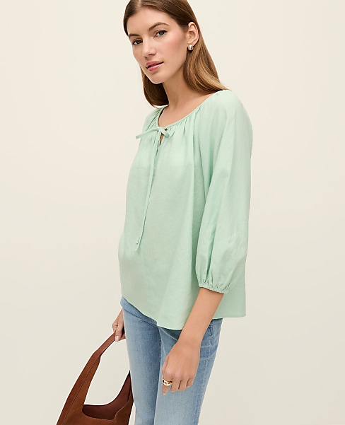 Weekend Linen Blend Blouse - Aqua Foam