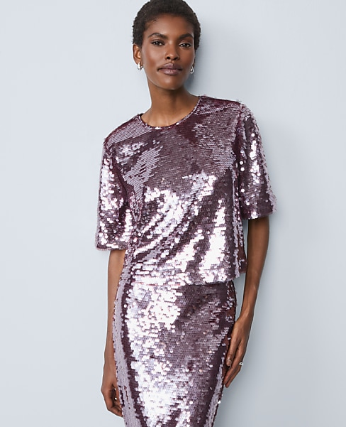 Petite Sequin Crew Neck Blouse