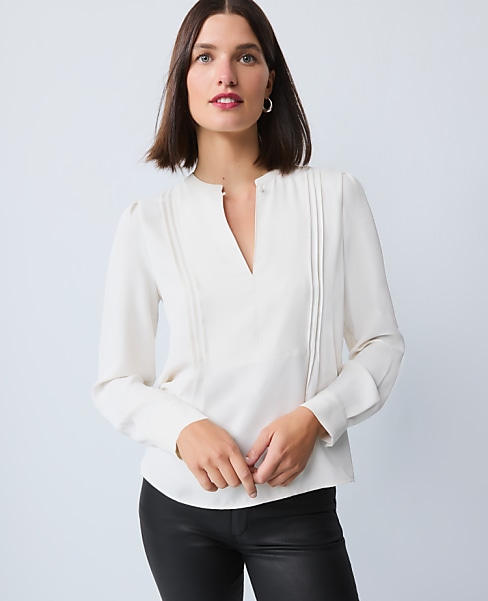 Petite Mixed Media Pintuck Top