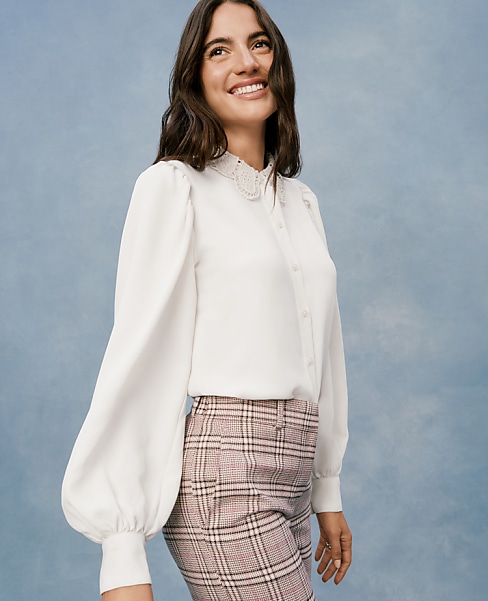 Petite Lace Collar Blouson Sleeve Shirt
