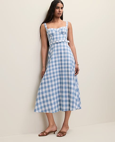 Gingham Belted Midi Dress in Linen Blend