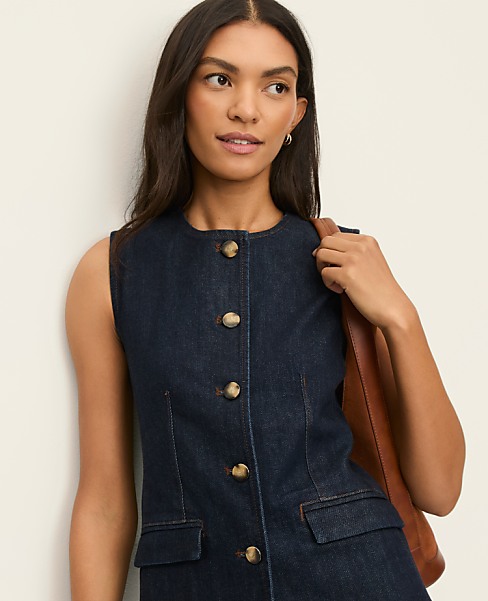 The Long Crew Neck Vest in Denim