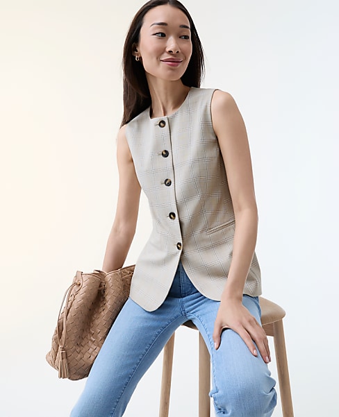The Petite Long Crew Neck Vest in Plaid