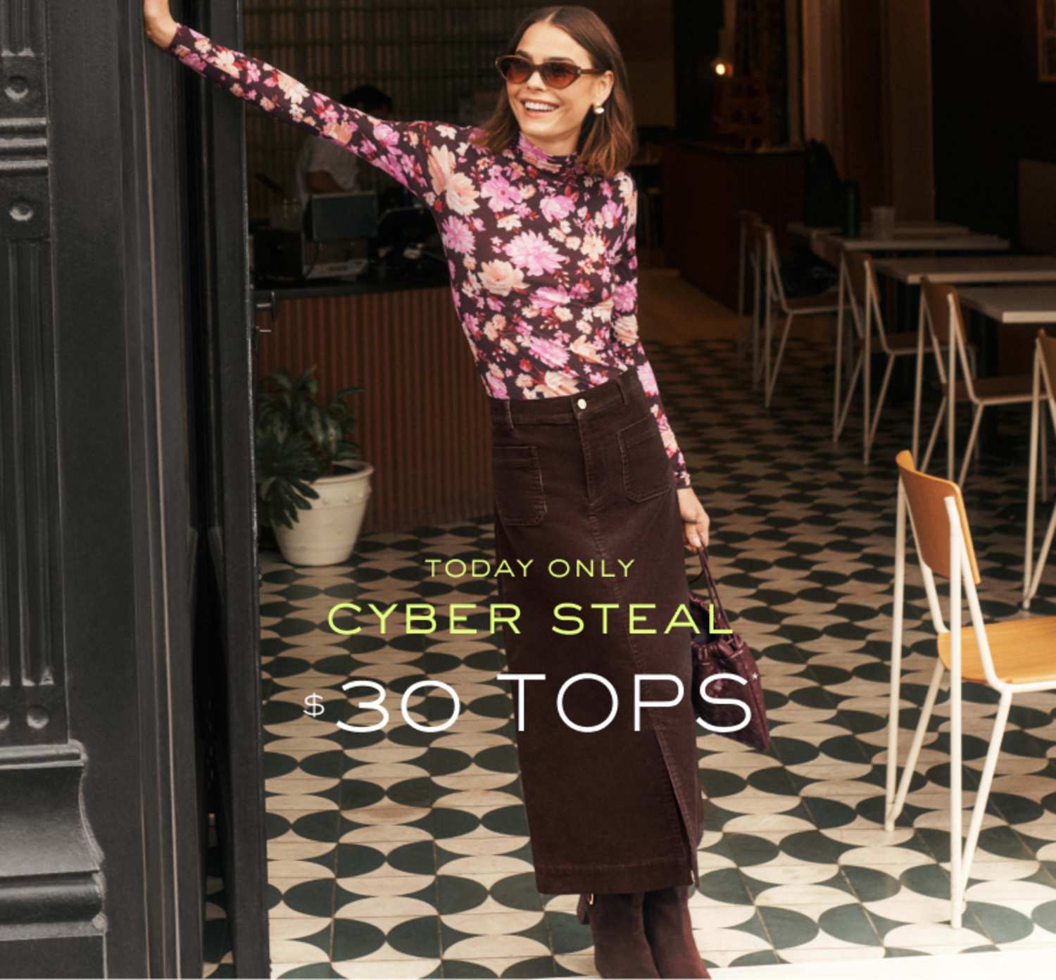 Today only, Cyber Steal: $30 tops. Woman in a floral mock-neck top and brown corduroy midi skirt.