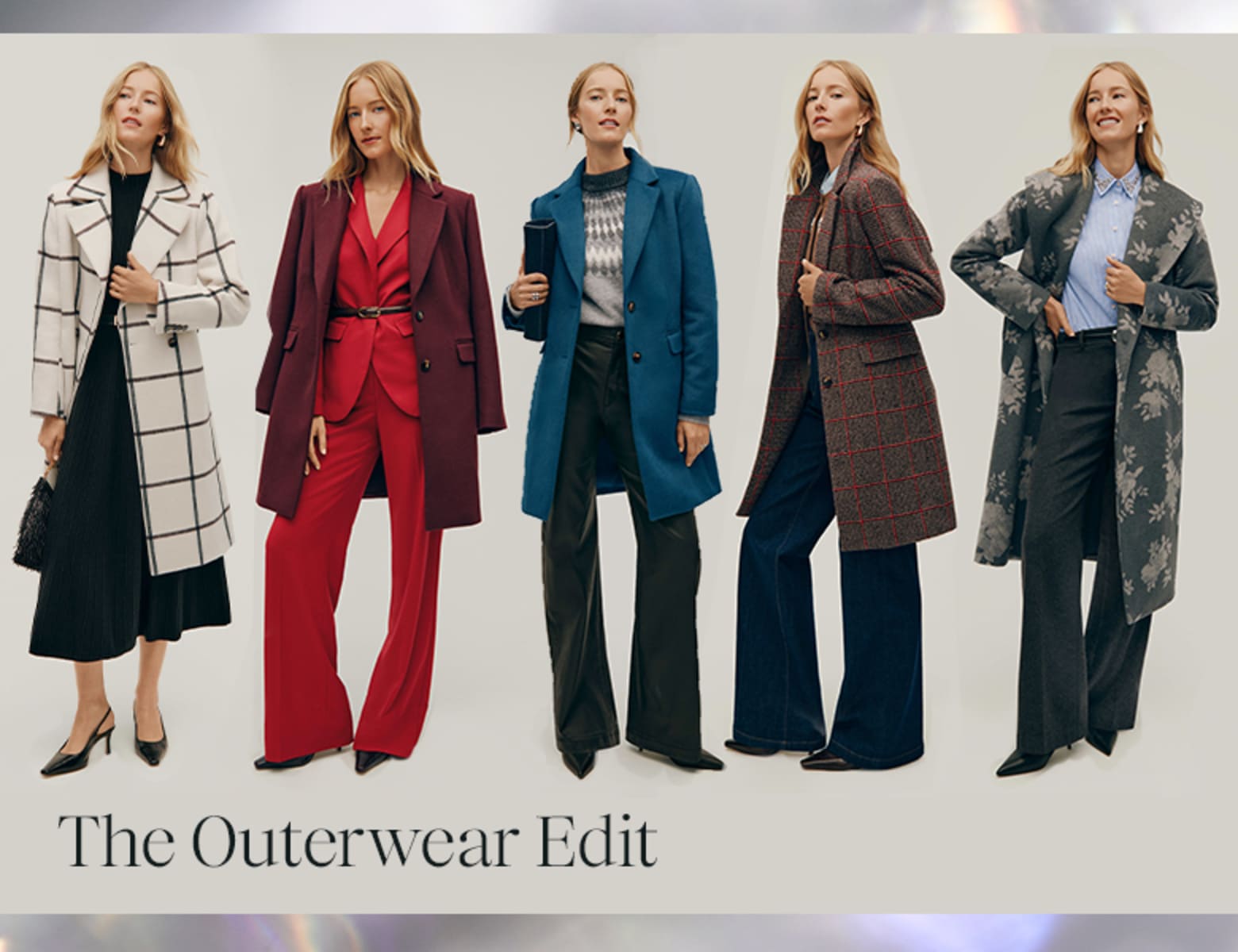The Outerwear Shop — five women wearing coats and trousers from the new outerwear collection.